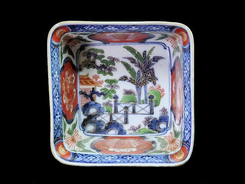 古伊万里　金襴手　欄干に芭蕉葉の図　四方角向付　A105AS-BQi