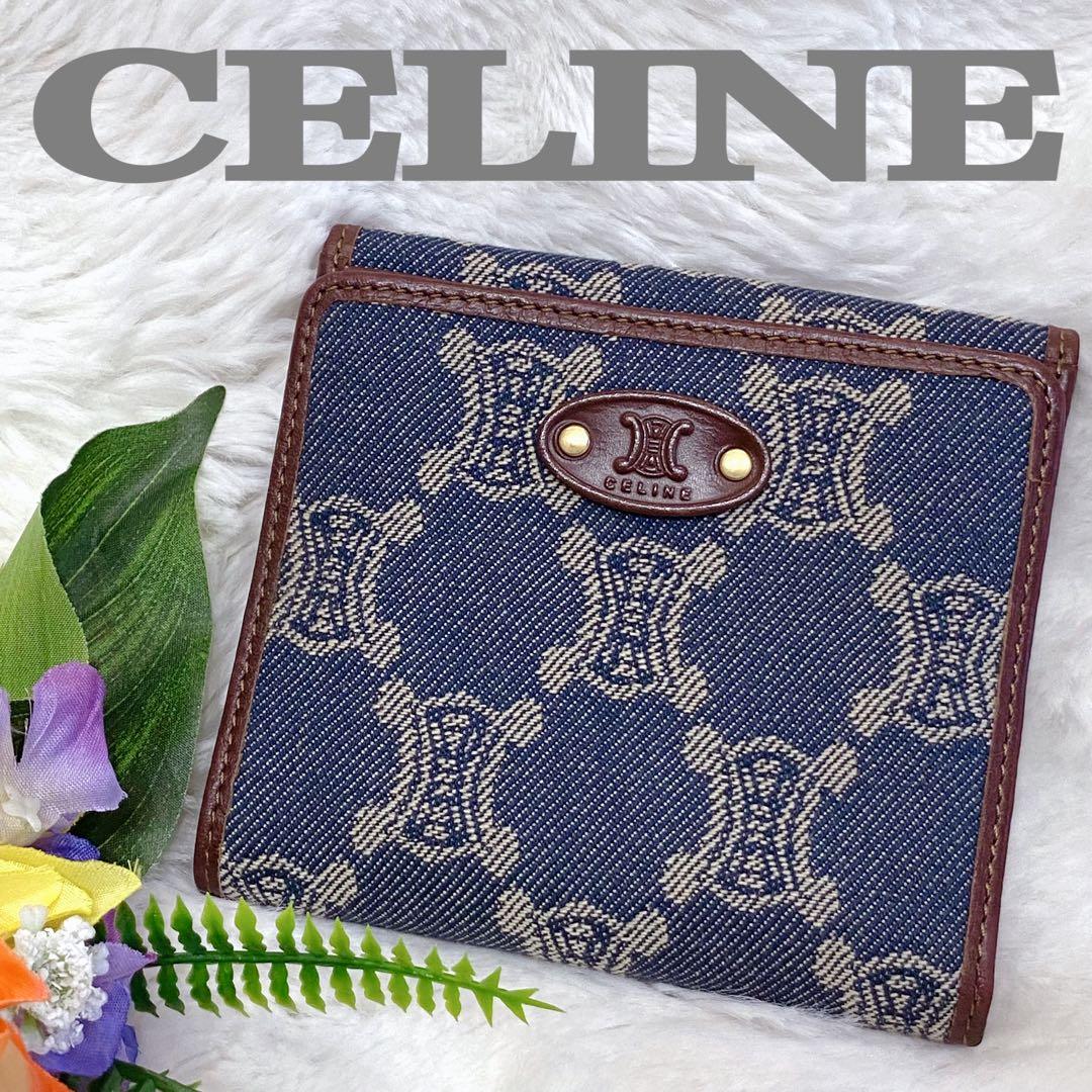 CELINE 二つ折り財布 デニム インディゴ レザー トリオンフ キャンバス CELINE】セリーヌ トリオンフキャンバス クリップ ウォレット (CELINE