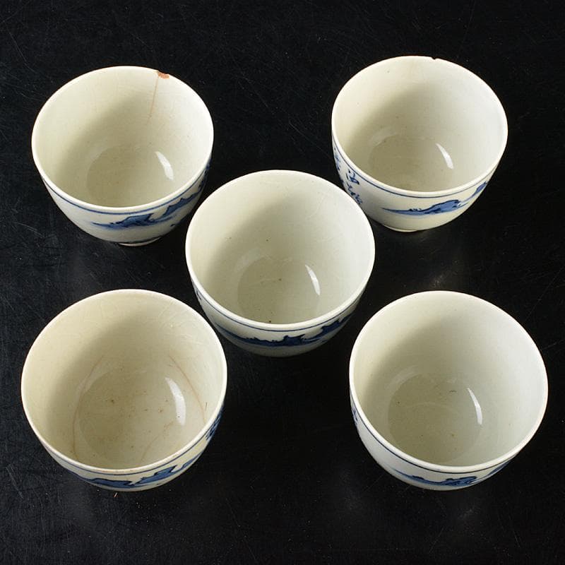 華中亭道八造 染付漢詩山水文 煎茶碗五客 時代箱