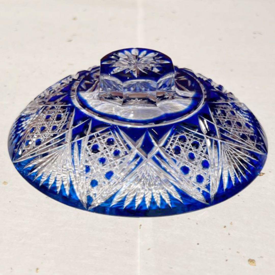 中古 薩摩切子 藍被硝子 菱宝切子 蓋付鉢15cm カメイガラス 未使用品