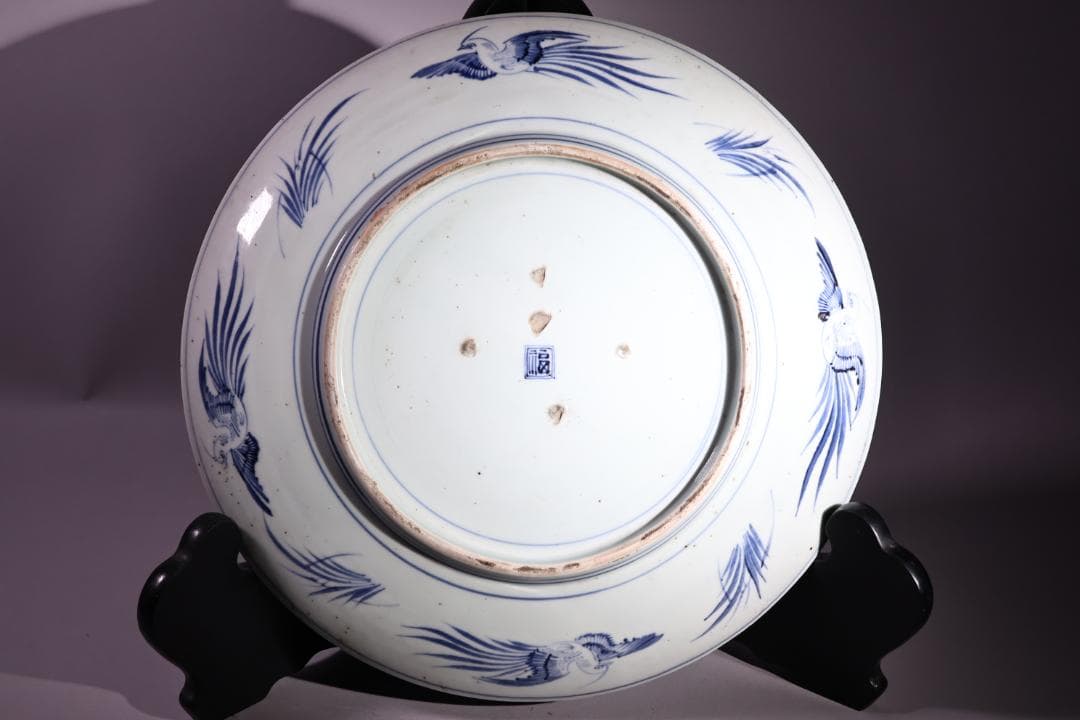 江戸中期 古伊万里 染付 大皿 花鳥風月図 角福銘 直径42㎝