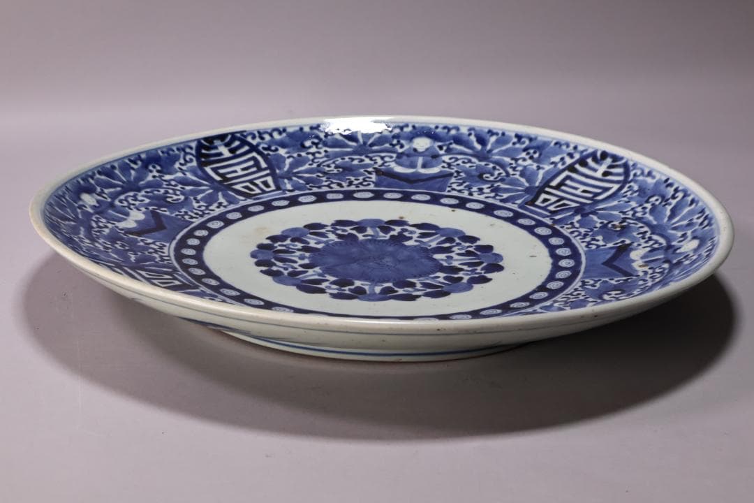 江戸中期 古伊万里 染付 大皿 花鳥風月図 角福銘 直径42㎝