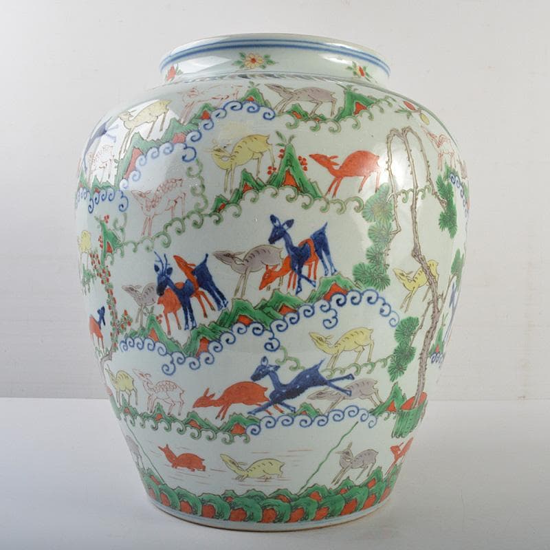 中国　大明萬暦年製　五彩　神獣文　壷　高さ約34cm　V　R7165F