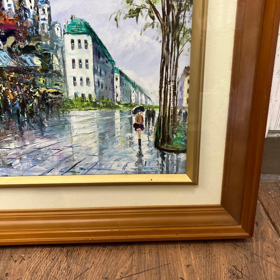 昭和レトロ 油絵 絵画 油彩画 風景画 街並み 雨の日 額装 額入り 額縁