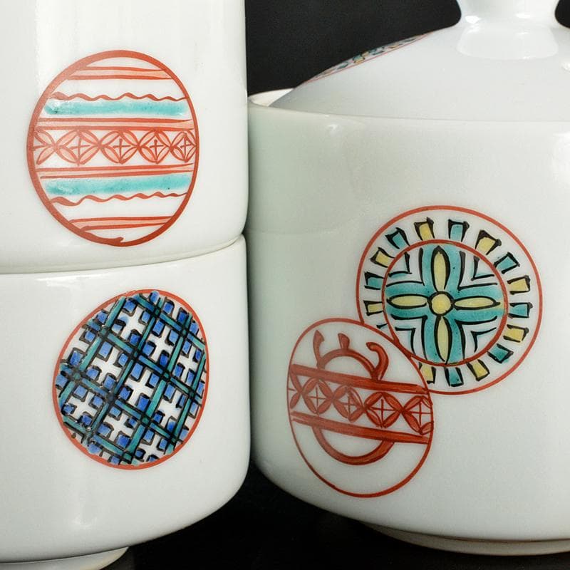 九谷焼 須田青華造 色絵 丸波模様 急須 煎茶碗 五客 共箱