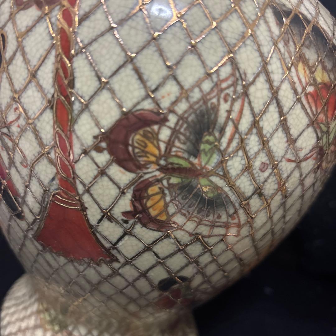 京薩摩焼 沈香壺 骨董 金彩 網目蝶図