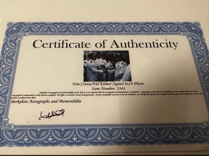 ヴァル・キルマー／トップガン/直筆サイン/認証証明書/TOPGUN