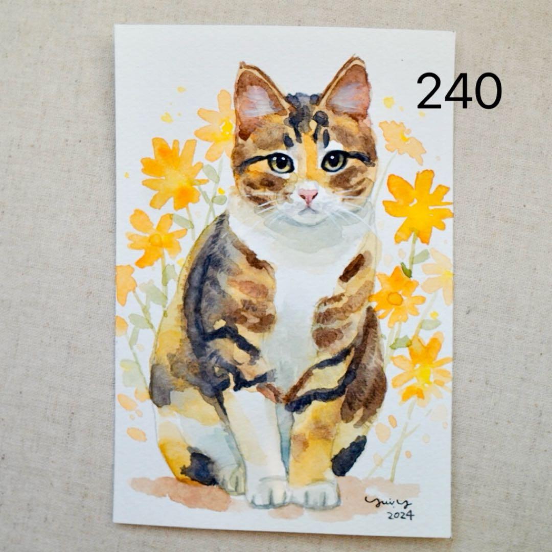 猫の絵 水彩画 原画 額付き「花の香り」F4 猫の絵 水彩画 原画
