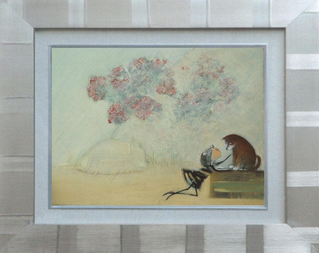 油絵菅家令子 絵 絵画インテリア額付(青緑＋金色の枠)uF6-071619犬女子