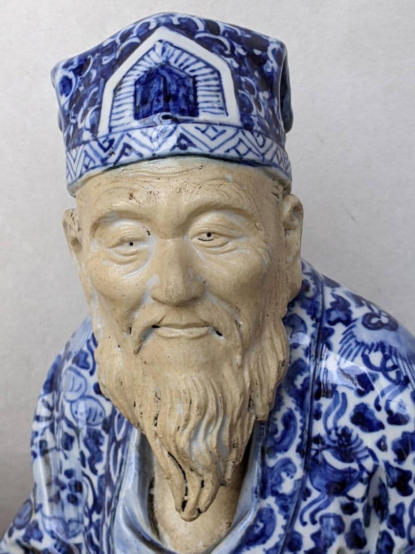 九谷焼 八幡窯 染付 寿老人 七福神 縁起物 置物 床飾 箱無 高：28㎝