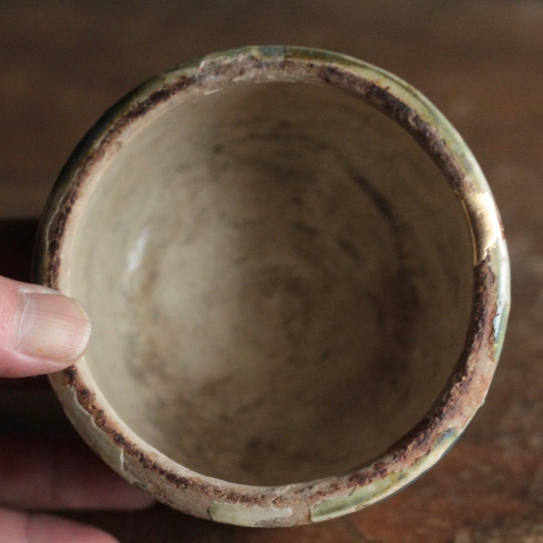 壺屋焼 緑掛け飴釉 火入 筒茶碗 古道具 アンティーク 壺屋焼 緑掛け