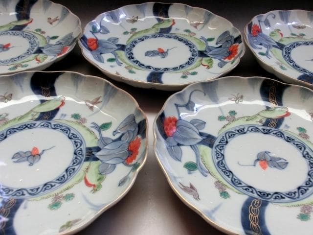 皿□角福 色絵花鳥紋捻子皿 5枚 古伊万里(江戸後期～明治