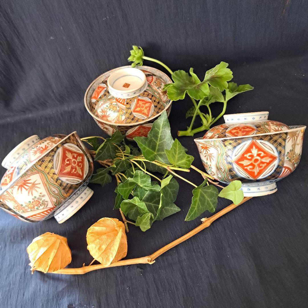 蓋茶碗の色絵とフォルムを楽しむ！」 古伊万里茶碗(直径11.5cm)3客