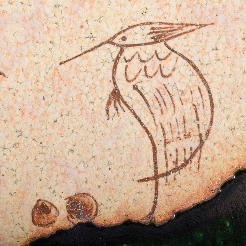 北大路魯山人作 織部焼 鳥絵 長四方皿 狙板 共布 極め箱 D R7695B