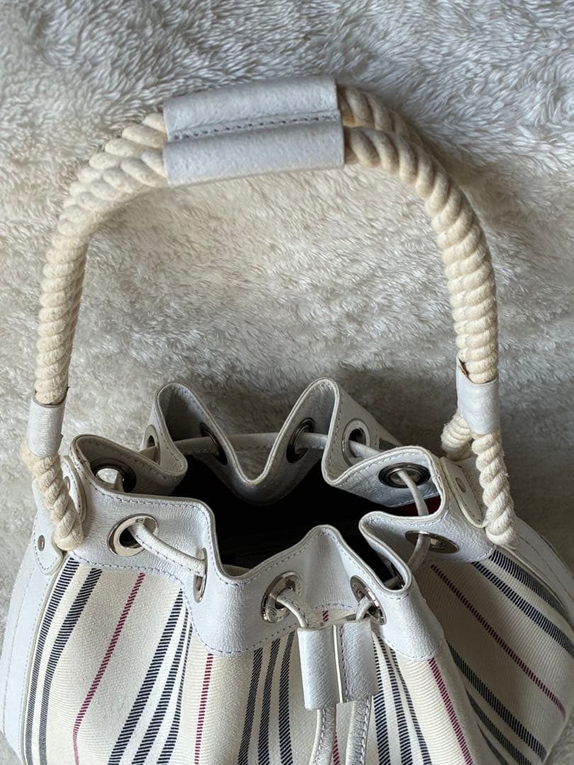 BURBERRY ストライプ バケットバッグ ロープハンドル　ホワイトレザー