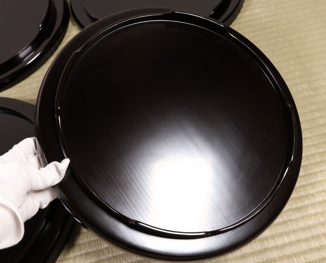 輪島塗 本堅地 黒塗 縁青漆 足付 丸膳 37.8cm 六客 木製【CM382