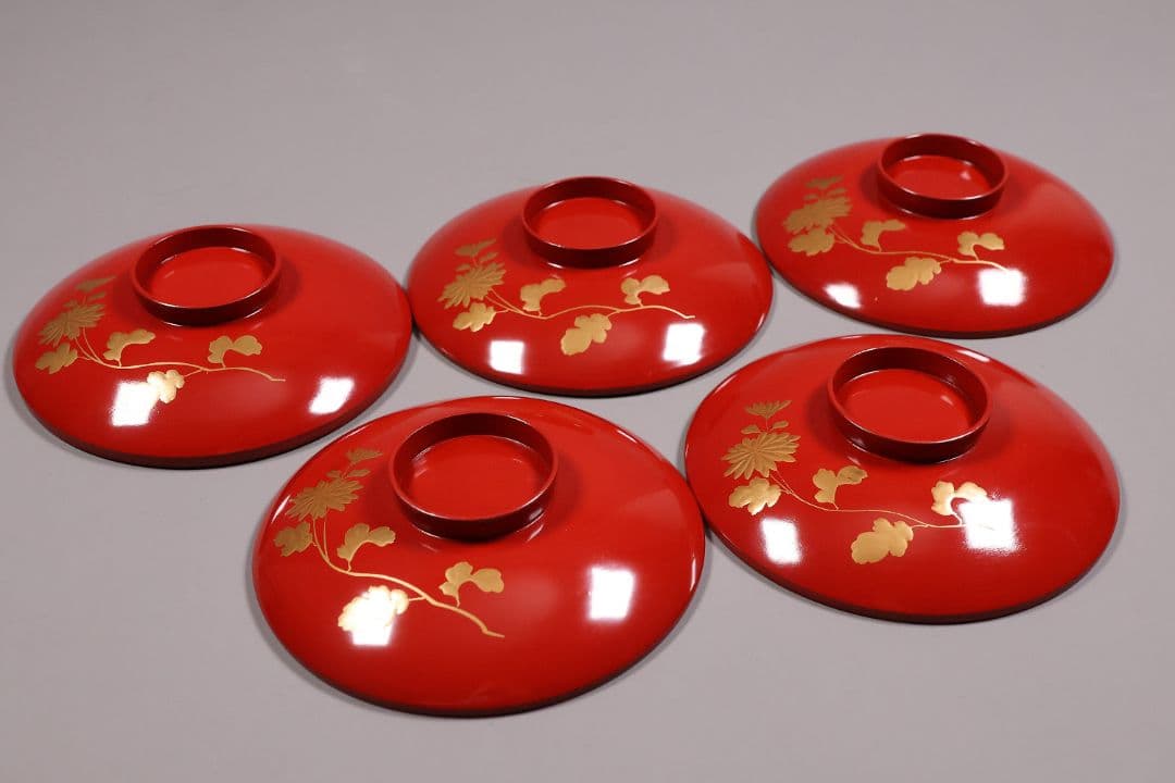 【MA776】時代木製漆器 桐鳳凰・菊 金蒔絵 朱塗 引盃 五客 木製漆器 小皿