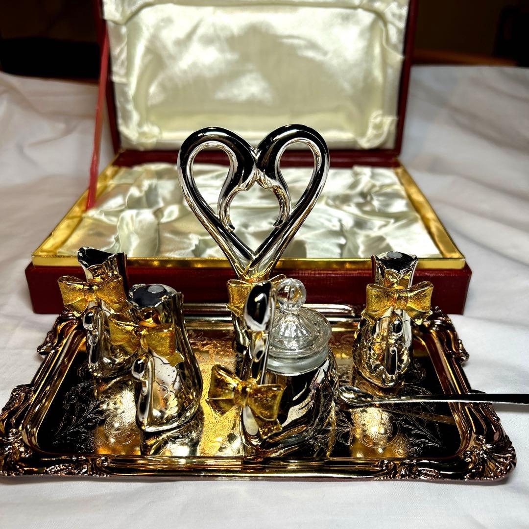 レトロ シルバーカラー 白鳥モチーフ 小物入れセット 箱付き