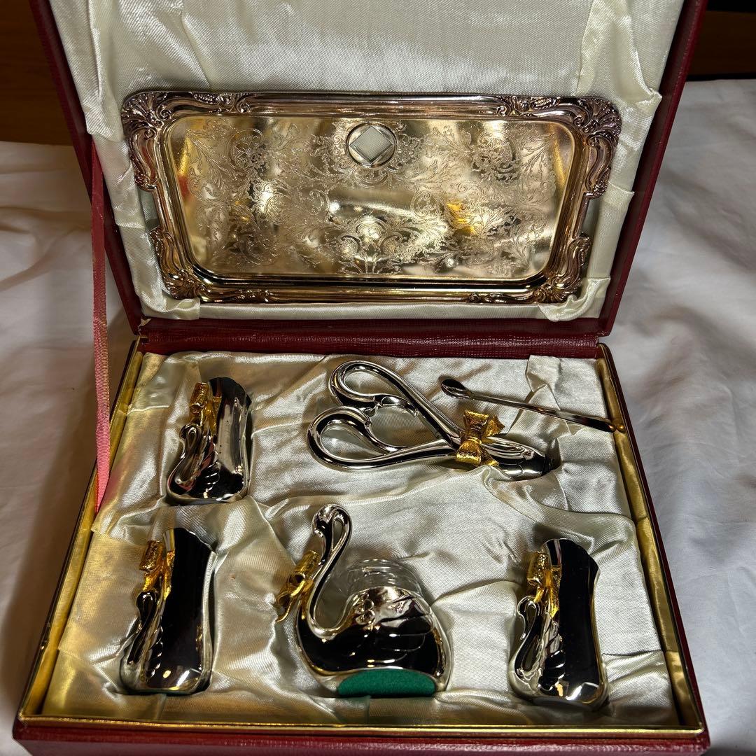 レトロ シルバーカラー 白鳥モチーフ 小物入れセット 箱付き