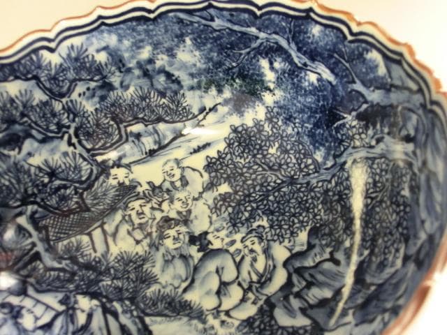 鉢□染付山水人物「平安京泉造」船山水 人物絵 大鉢 花弁