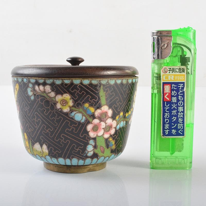 中国　古七宝琺瑯彩　花文　煎茶碗　黒柿蓋　時代箱　C　R6444