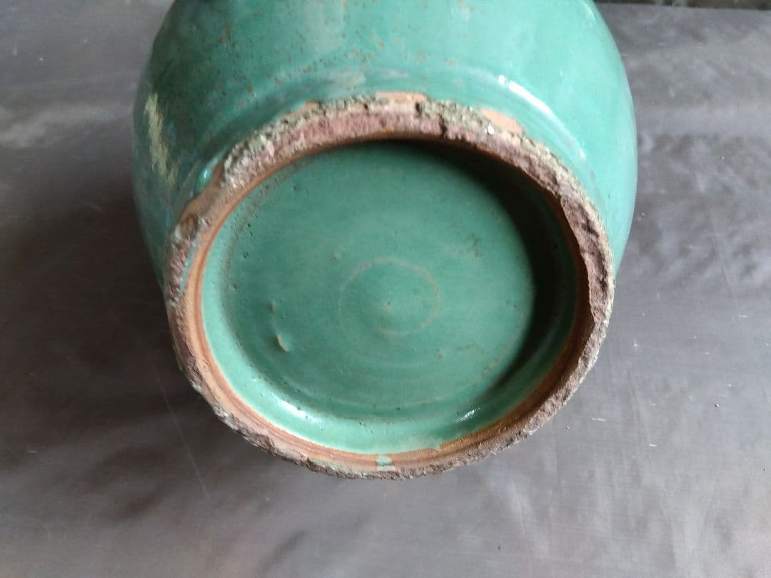 骨董　青緑色　細首　丸大壺