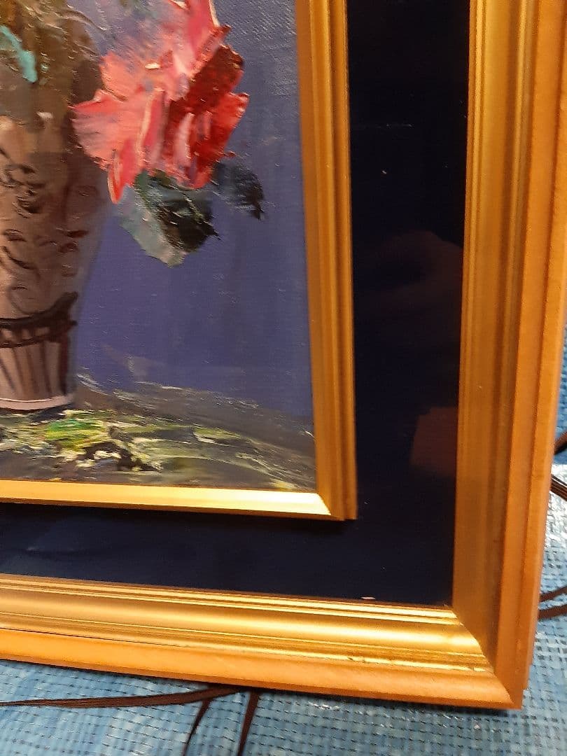 バラ 薔薇 花束 油彩画 金色フレーム 油絵　作者不明