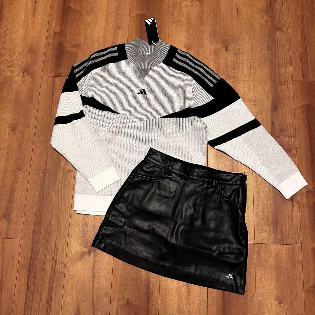 モックネック　ビックシルエット　長袖　ニット　レザースカート　セットアップ　秋冬