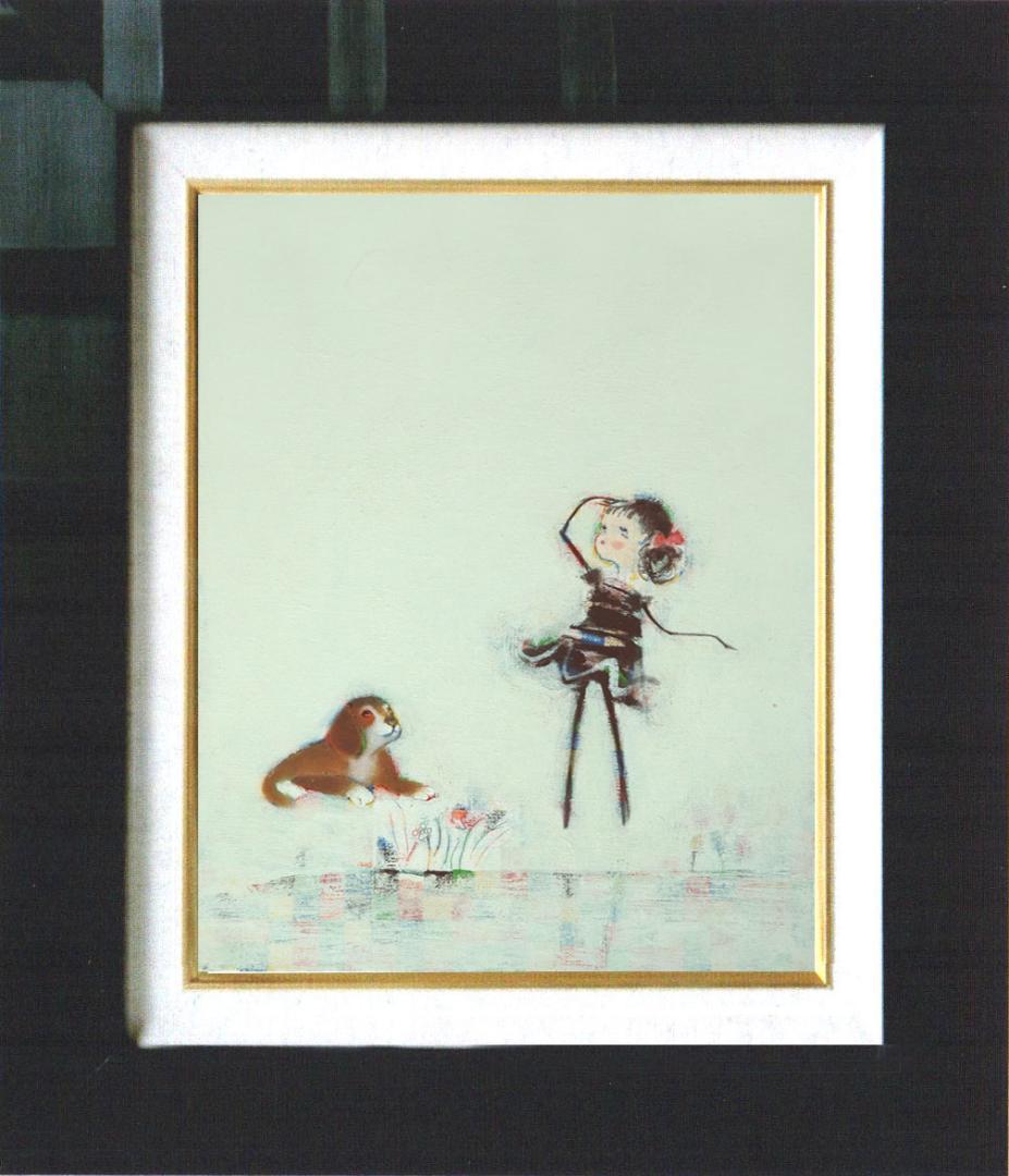 油絵 菅家令子 絵 絵画 インテリア額付(銀) F4-072319 子犬と女のこ