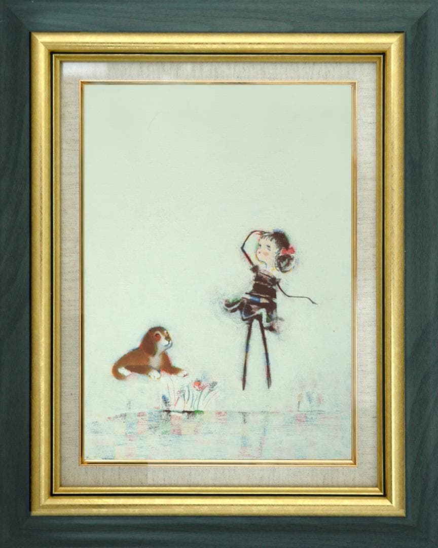 油絵 菅家令子 絵 絵画 インテリア額付(銀) F4-072319 子犬と女のこ