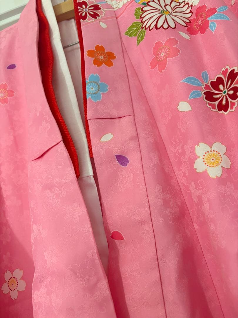 七五三用ピンク赤花柄着物　フルセット