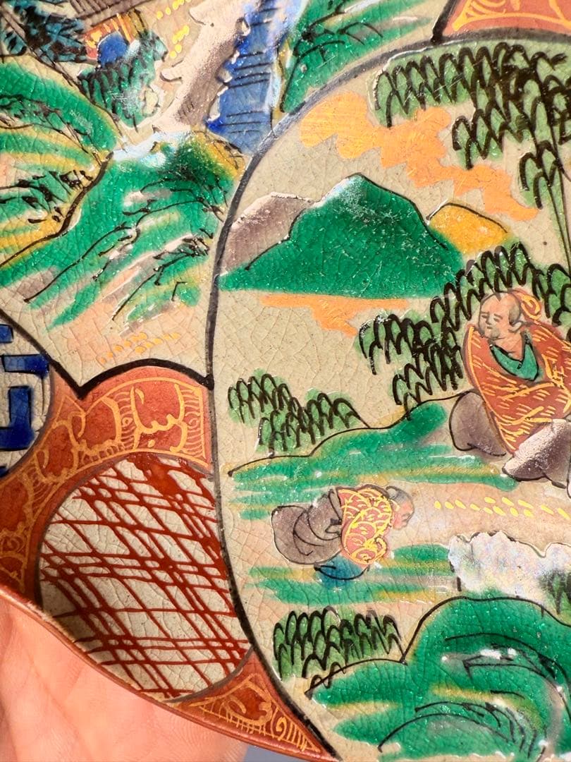 九谷焼　九谷庄三作　色絵風景図変形皿　五客　竹林賢人　窓絵　こだわりの器　手描き