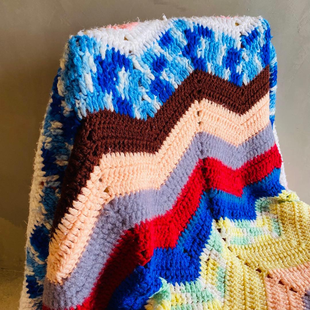 USA vintage】グラニーブランケット ラグ カラフル ビンテージ 1970s