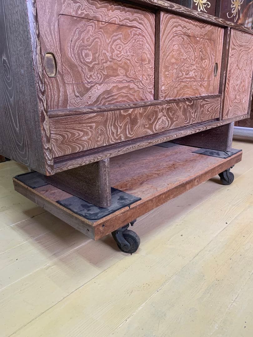 しい木目の昭和レトロ茶箪笥 和家具 木製 一体型
