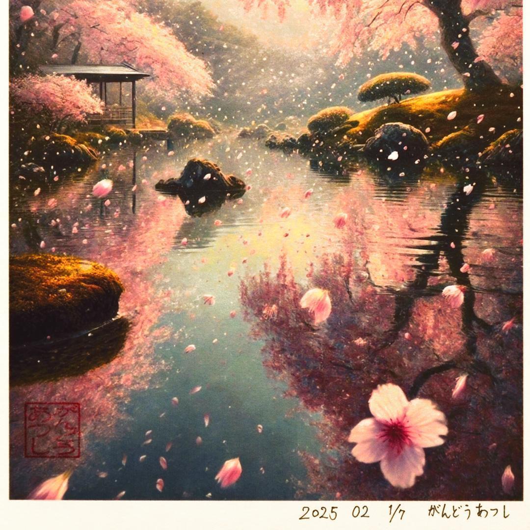 和紙にAIアート和歌日本桜富士山●がんどうあつし制作●A3パネル額装品7枚限定