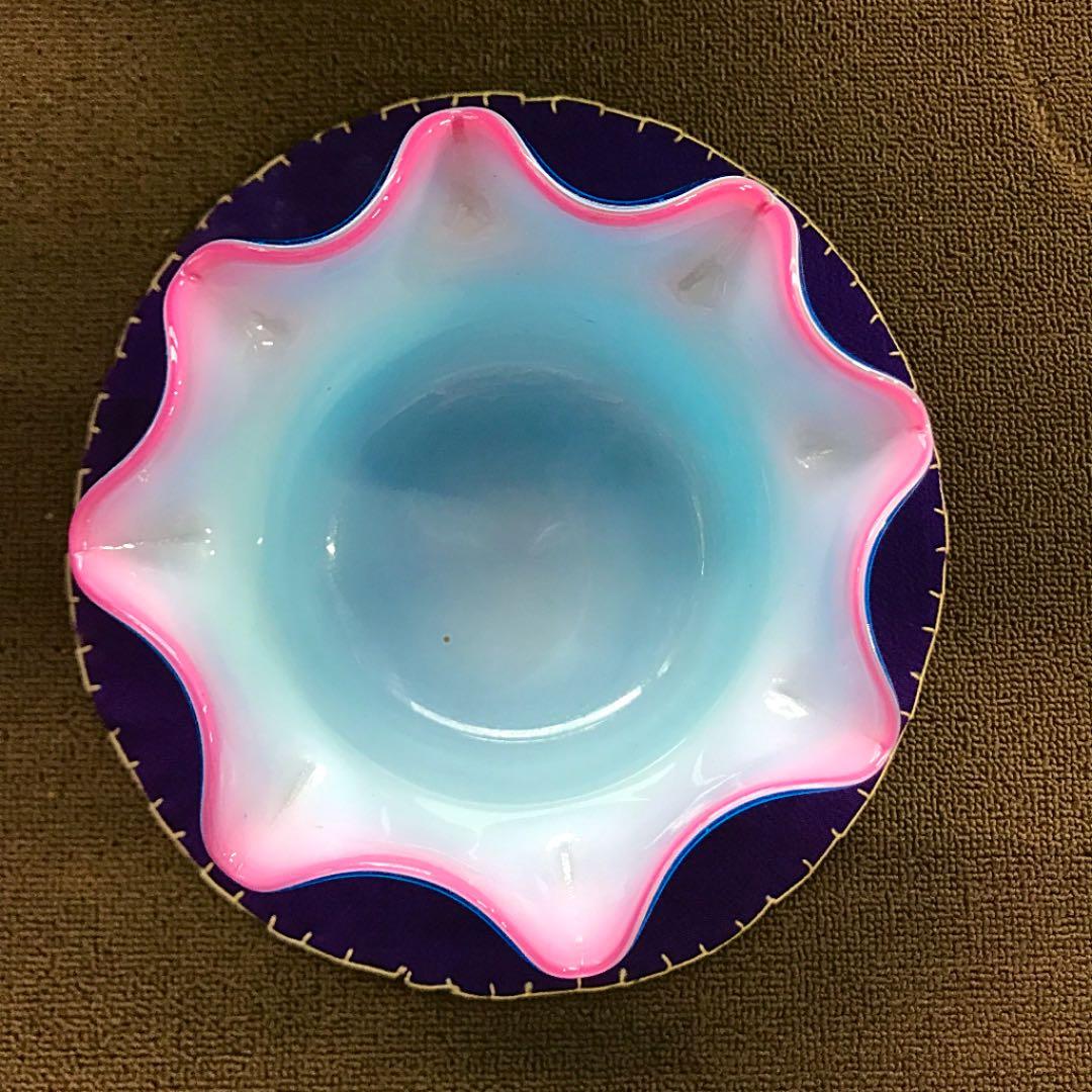 骨董 時代ガラス 吹きガラス 希少 花縁フリル 特大コンポート 氷コップ