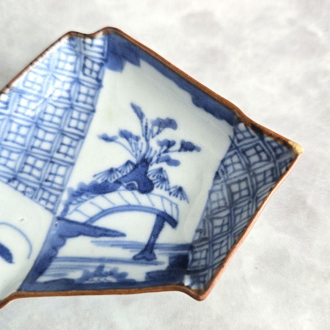 古伊万里 染付 小皿 豆皿 結び文 上手 型物 骨董品 アンティーク 金