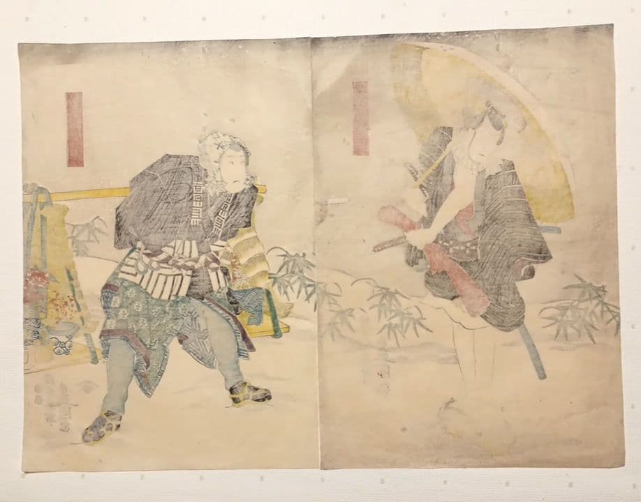 浮世絵版画役者絵三枚綴り右側と真ん中の２枚売り三代豊国画 弘化4年～嘉永5年出版