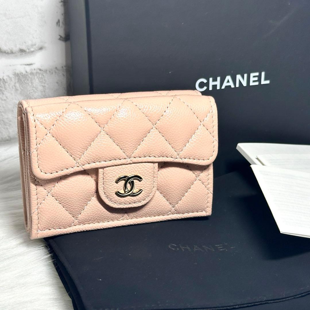 新品 CHANEL マトラッセ キャビアスキン 三つ折り 財布 ピンク