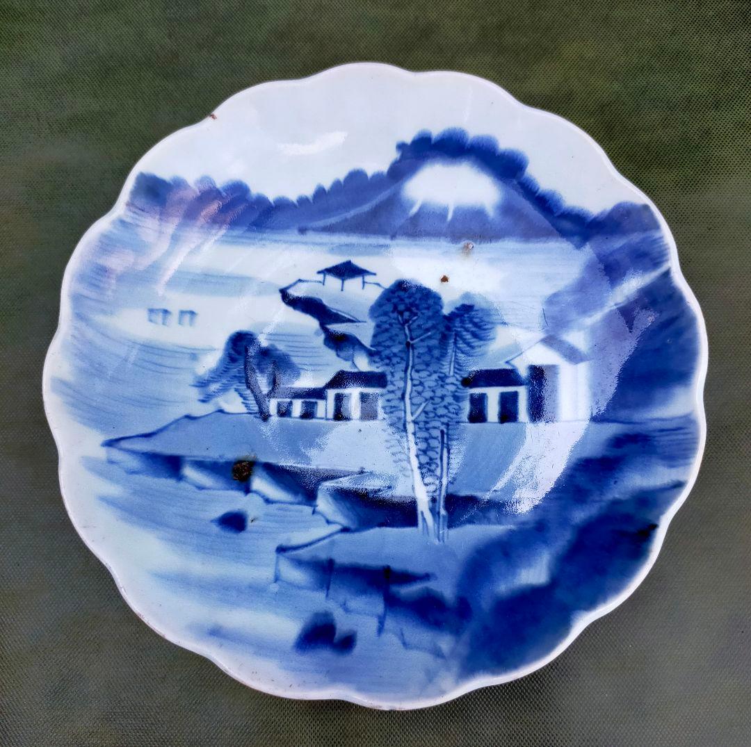 古伊万里 有田焼 青白い風景画の陶器皿 五客 印 アンティーク 江戸時代 青