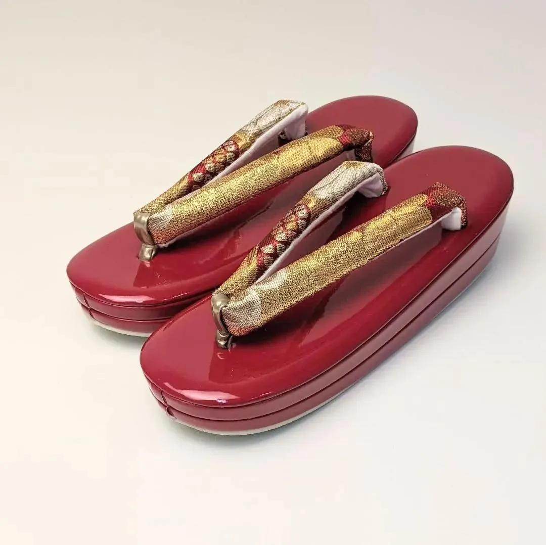 草履バッグセット 振袖用 帯地 赤 金 古典 フリーサイズ w49-5