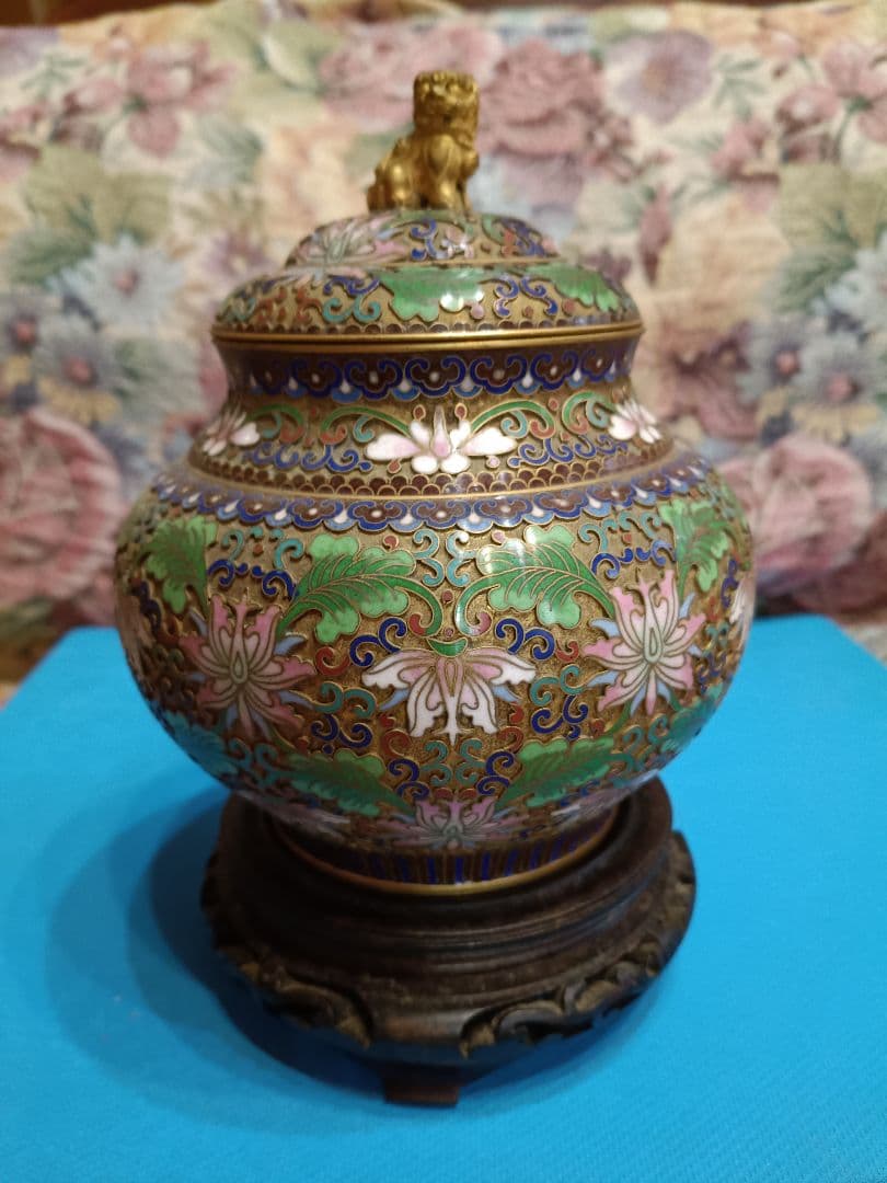 中国美術 七宝焼（景泰藍）金獅子香炉.沈香壺 昭和レトロアンティーク