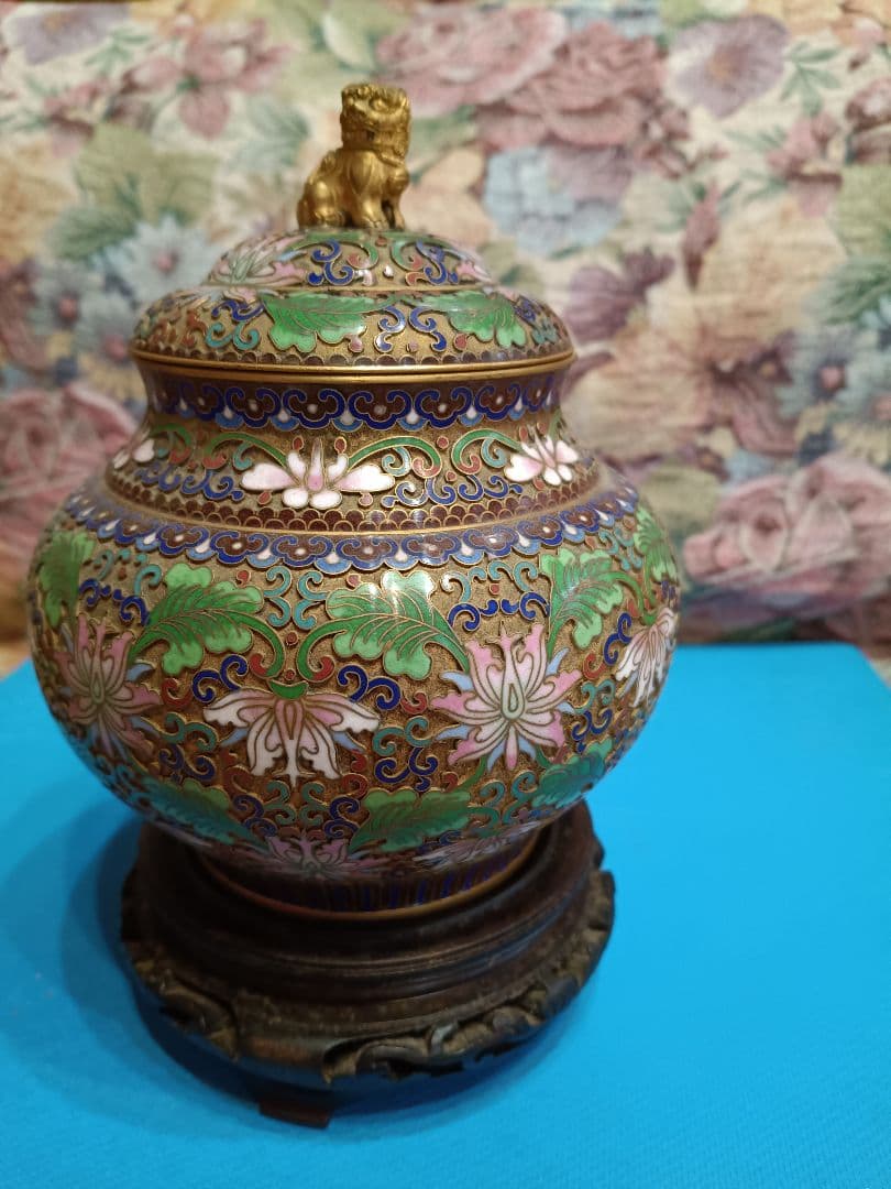 中国美術 七宝焼（景泰藍）金獅子香炉.沈香壺 昭和レトロアンティーク