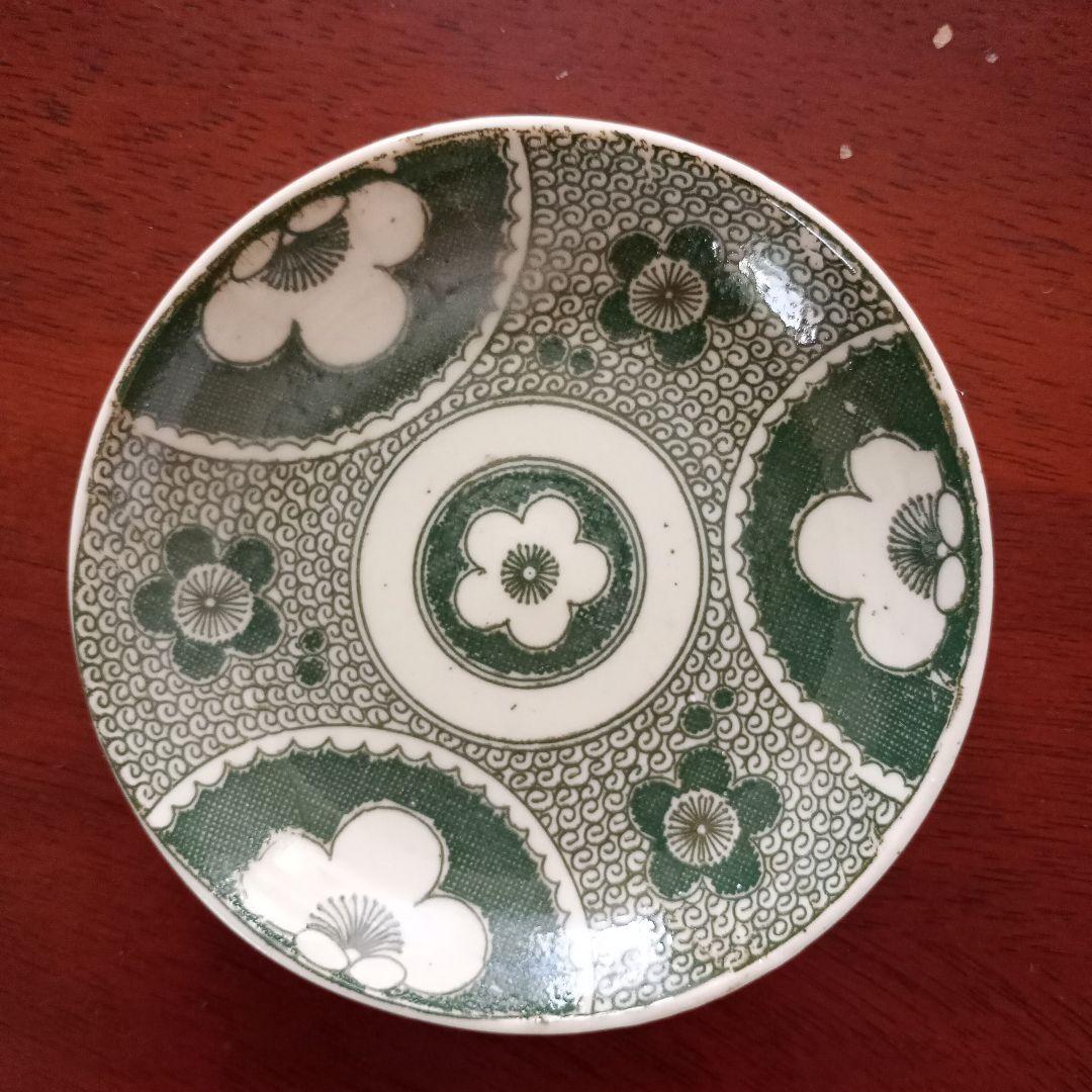 印判皿3枚セット 明治～大正 印判 小皿 大根と蕪 梅 桜 骨董 緑印判