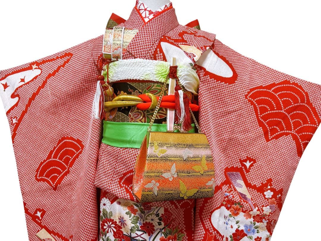 鹿の子柄♡七五三　7歳　女の子　フルセット　一式　赤系　ゴールド　黒