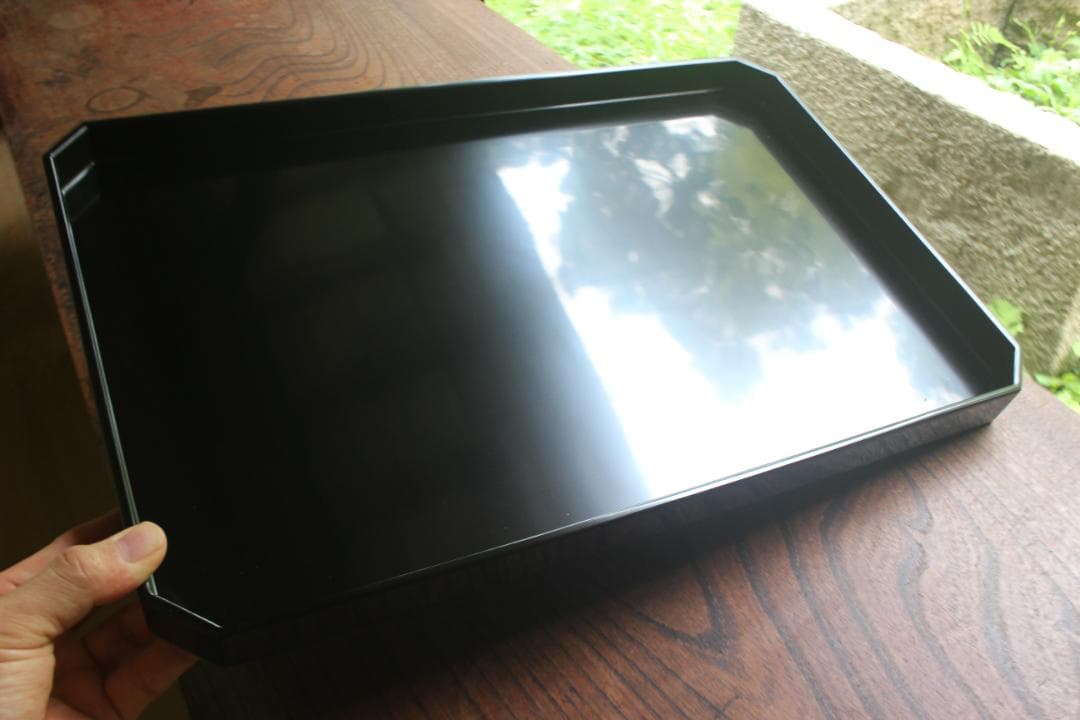 デッドストック！上質黒漆の美しい隅切長方盆大小セット（輪島塗漆器漆盆お膳