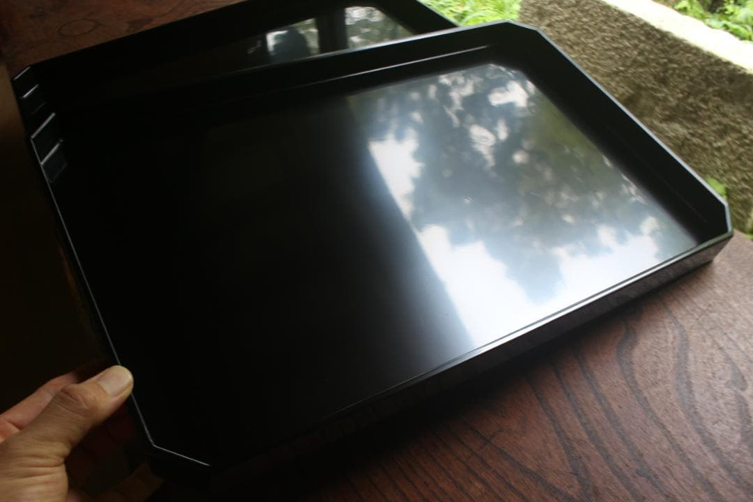 デッドストック！上質黒漆の美しい隅切長方盆大小セット（輪島塗漆器漆盆お膳