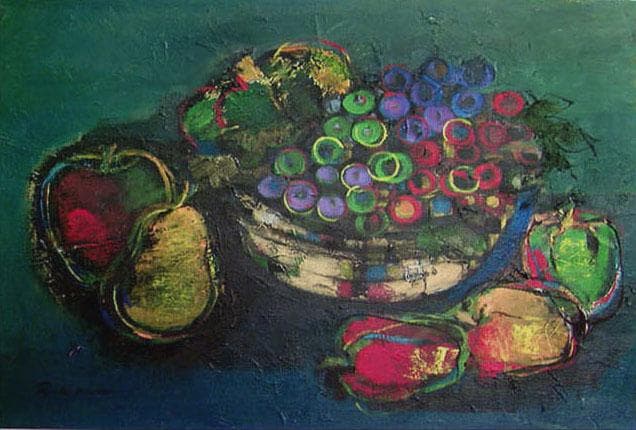 絵画インテリア 額付(白) 油絵 uF6-061304 静物 フルーツ