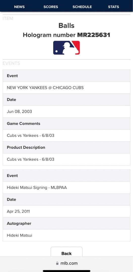 松井秀喜サインボール。2003年のニューヨーク・ヤンキース対シカゴ