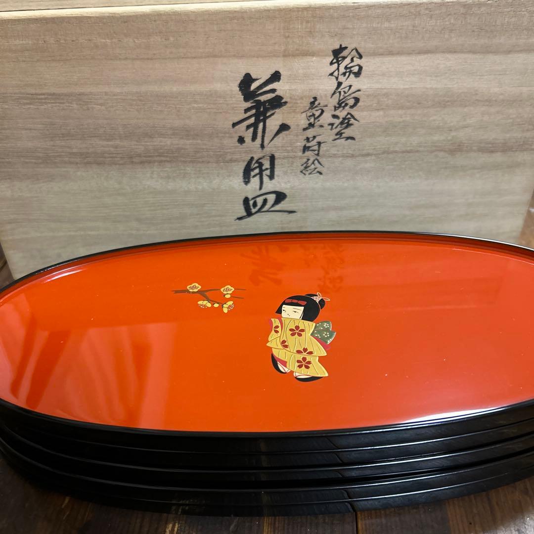 輪島塗　輪島漆器　大雅堂　摂田照彦　兼用皿　童蒔絵　５枚　高級漆器　未使用希少品 輪島塗 輪島漆器 大雅堂 摂田照彦 兼用皿 童蒔絵 5枚 高級漆器